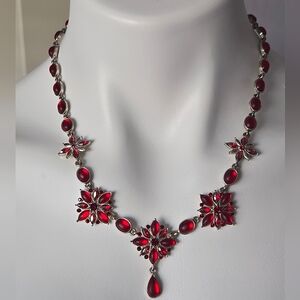 Red Rhinestone And Frosted Gem Necklace With Earrings Set